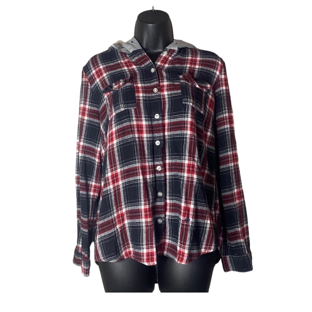 PAPER TEE button down red plaid hooded long sleeve blouse